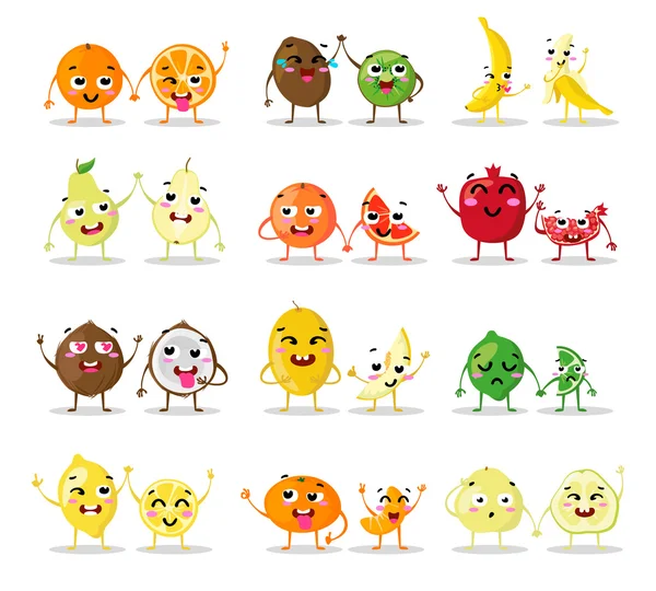 Funny cartoon fruit characters isolated. Big cute set.  couples vector illustrations.  happy faces. Collection emotions, doodle icons. Beautiful sweet fruits. Flat design. Different  .