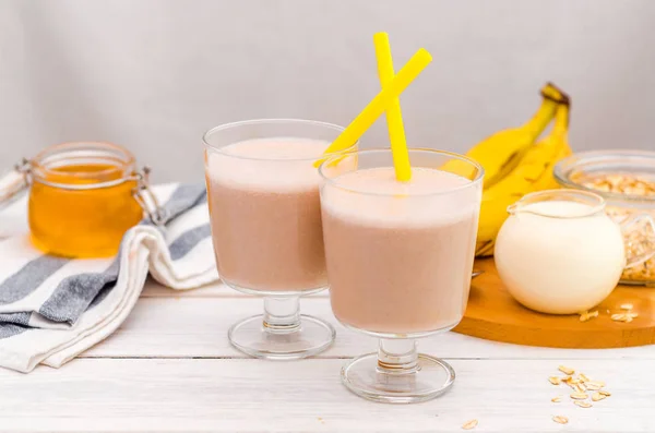 Milk shake with banana, oatmeal and honey