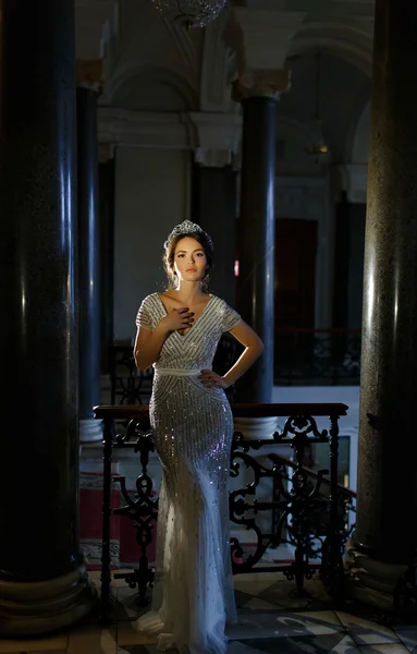 Beautiful brunette girl in a gray dress with a brilliant crown o