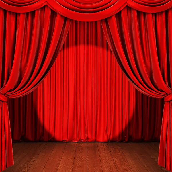 Stage with red curtain, wooden floor and spotlight