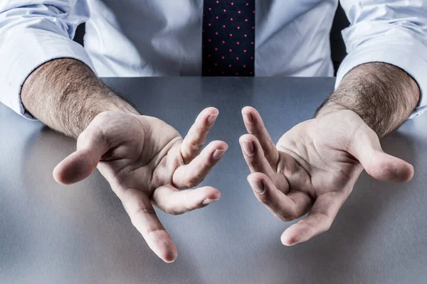 Anonymous businessman, salesman or politician hands for openness and discussion