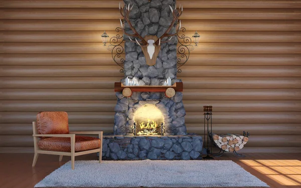 Room interior in log cabin building with stone fireplace and retro leather armchair