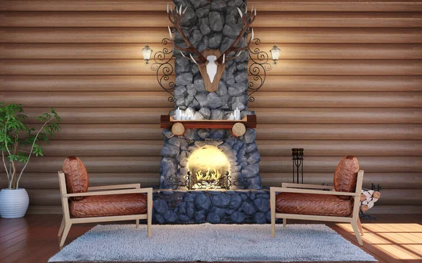 Room interior in log cabin building with stone fireplace and retro leather armchairs