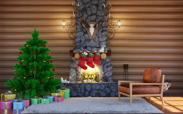 Room interior in log cabin building with stone fireplace. Christmas living room interior