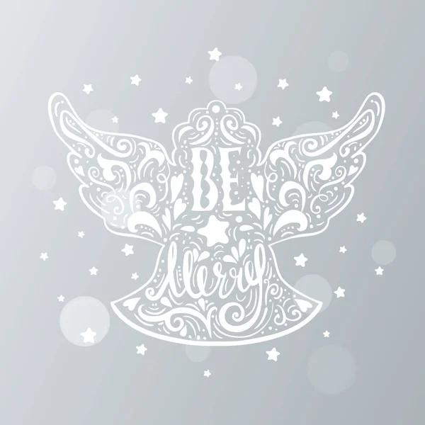 Be Marry- Silhouette of a Christmas Angel with unique lettering. Hand drawn design element for Holiday. Christmas vector greeting card on blurred background with bokeh effect