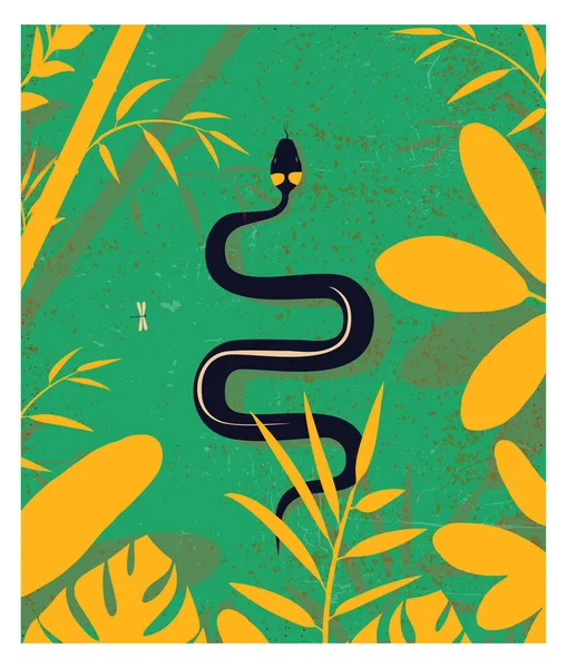 Love snake in the wood. A reptile on a grass. A poster with the nature. Wild jungle. Vector snake. Tropical foliage.