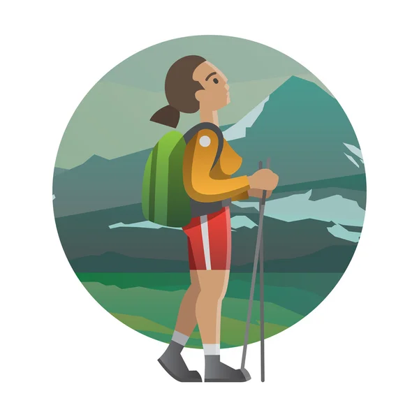 Women hiker. Trekking, hiking, climbing, traveling. Vector illus