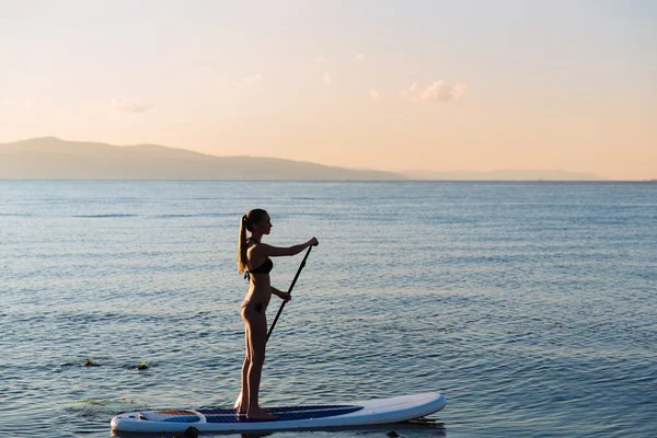Silhouette of sexy girl with sup surf and paddle in hands at the ocean. Concept lifestyle, sport
