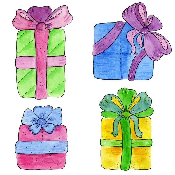 Cute hand drawn gift boxes with bows. Watercolor illustration