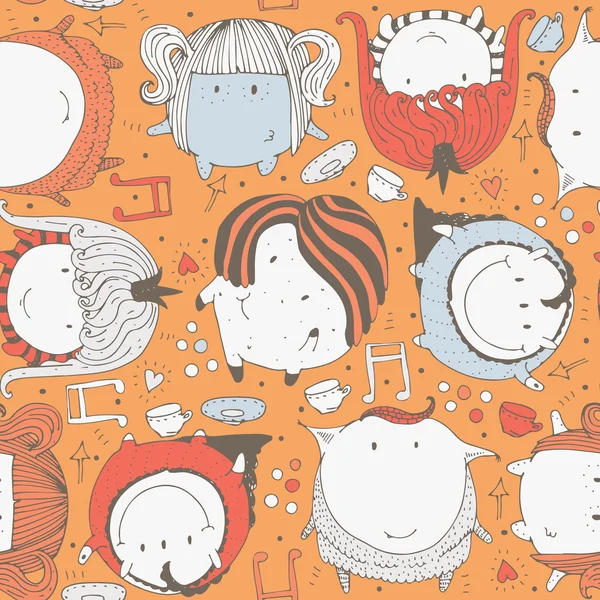 Seamless vector illustration with cute and lovely doodle monsters, hearts and decoration. Bright hand drawn childish pattern on orange background. Color cartoon alien characters based on sphere shape.