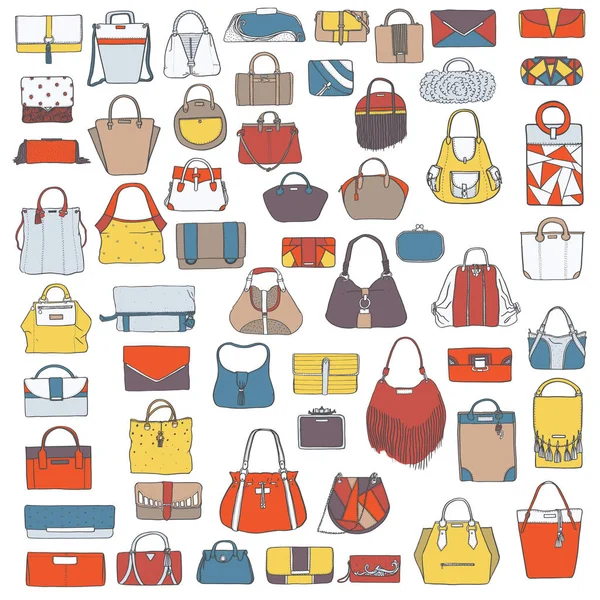 Large vector set of colorful doodle fashion bags, hand drawn with black ink, isolated on white background. Illustration with group of various handbag, purse, pouch, satchel, clutch, bag