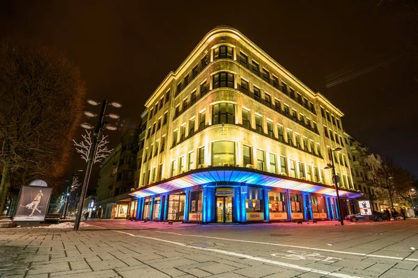 Illuminated building in Kaunas city center