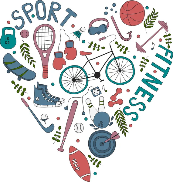 Hand-drawn doodle set of hobbies and sport things. drawn in the shape of a heart