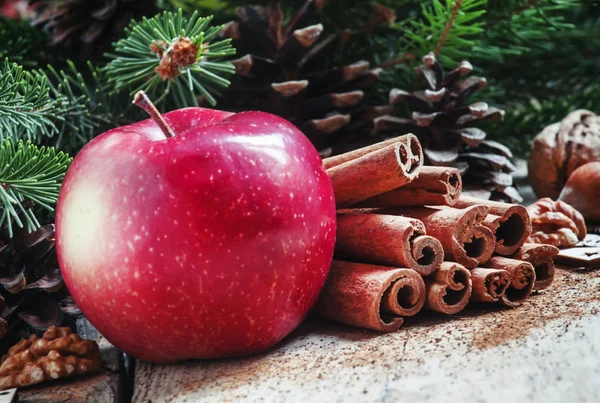 Christmas composition with red apple and spices