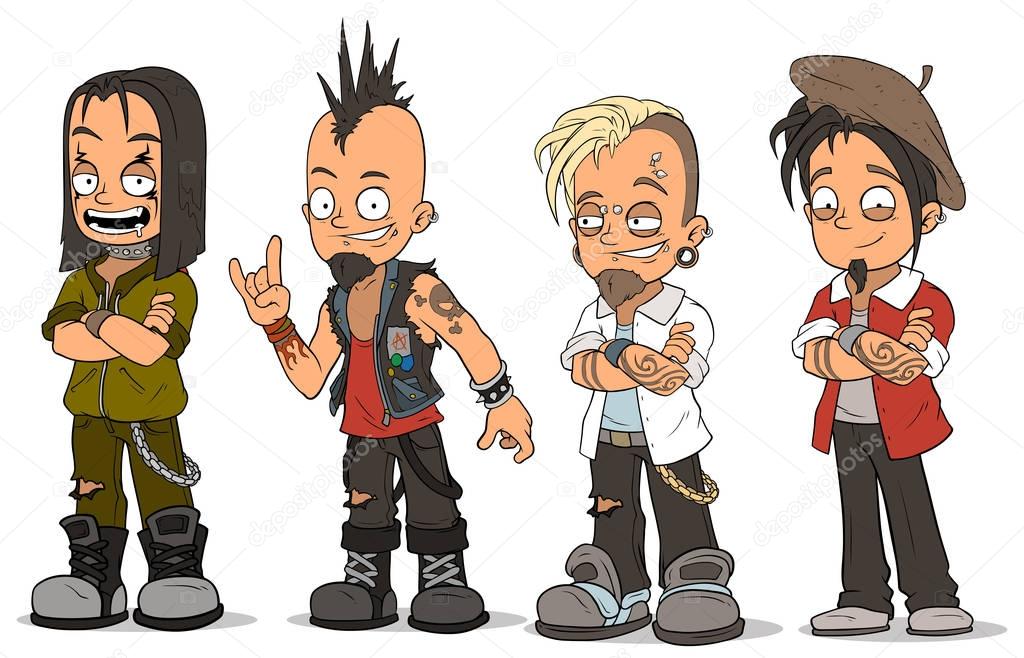 Dibujos Animados Punk Rock Metal Chicos Personajes Vector Conjunto 2023