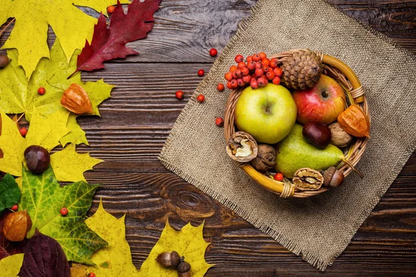 Autumn still life, harvested  with fall leaves and autumn fruit, gifts of autumn, wooden background, walnuts, maple leaves - autumn composition from top.