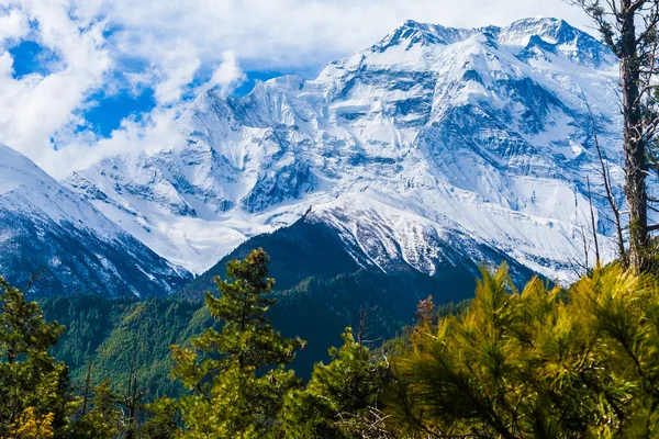 Landscapes Snow Mountains Nature Morning Viewpoint.Mountain Trekking Landscape Background. Nobody photo.Asia Horizontal picture. Sunlights White Clouds Blue Sky. Himalayas Rocks.
