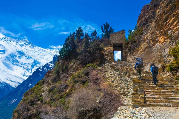 Two Person Backpack Trail Mountains Way.Mountain Trekking Rocks Path Landscape View Background.Hikking Travel Activity.Horizontal Photo.