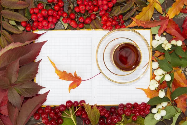 Cup of black tea in a transparent glass on a notes on the background of autumn leaves and berries