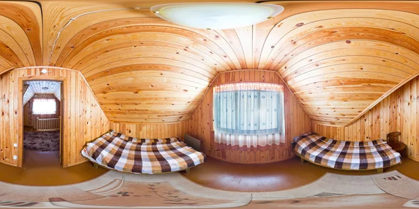 Room for two people in a wooden house hostel, twin