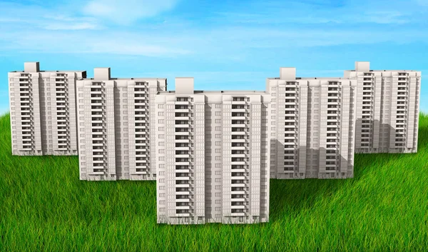 High-rise buildings of same design over green hills 3d render