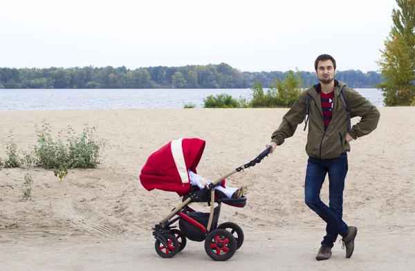 The father walks with his child in baby carriage in the park by