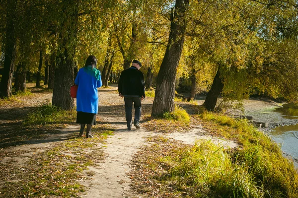 Adult couple walking in autumn park. husband and wife walking outdoors in autumn last days