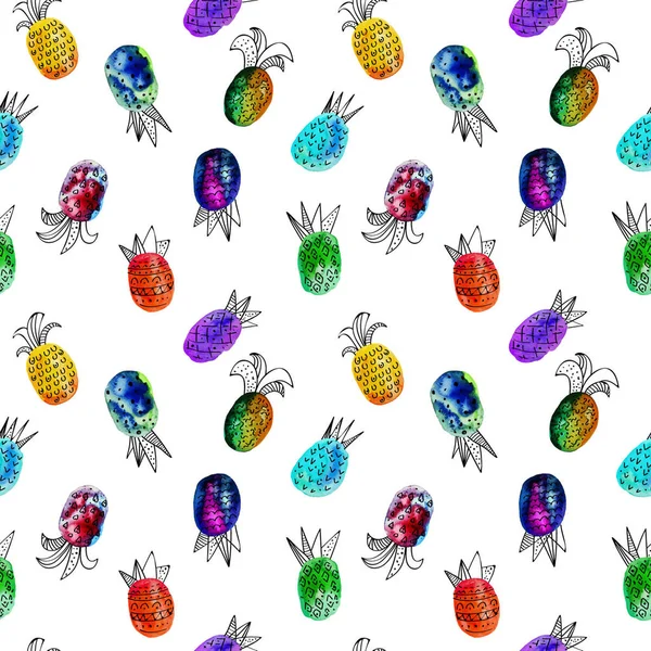 Vector watercolor seamless pattern with colorful rainbow pinapple and black hand-drawn elements. On white background. Creative design. Modern style. Red, green, yellow, orange color