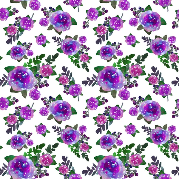 Romantic floral seamless pattern with rose flowers and leaf. Print for textile wallpaper endless. Hand-drawn watercolor elements. Beauty bouquets. Pink, violet . green on white background.