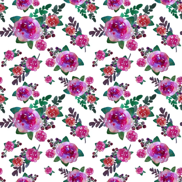 Romantic floral seamless pattern with rose flowers and leaf. Print for textile wallpaper endless. Hand-drawn watercolor elements. Beauty bouquets. Pink, red. green on white background.