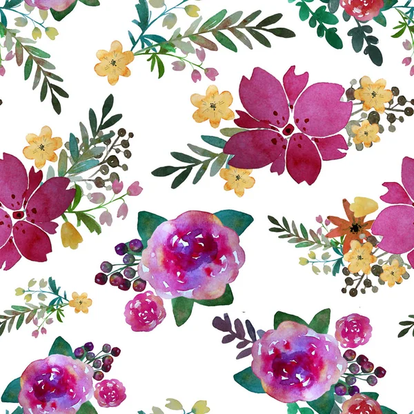 Romantic floral seamless pattern with rose flowers and leaf. Print for textile wallpaper endless. Hand-drawn watercolor elements. Beauty bouquets. Pink, red. green on white background.