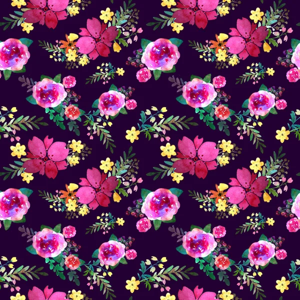 Romantic floral seamless pattern with rose flowers and leaf. Print for textile wallpaper endless. Hand-drawn watercolor elements. Beauty bouquets. Pink, red. green on dark background.