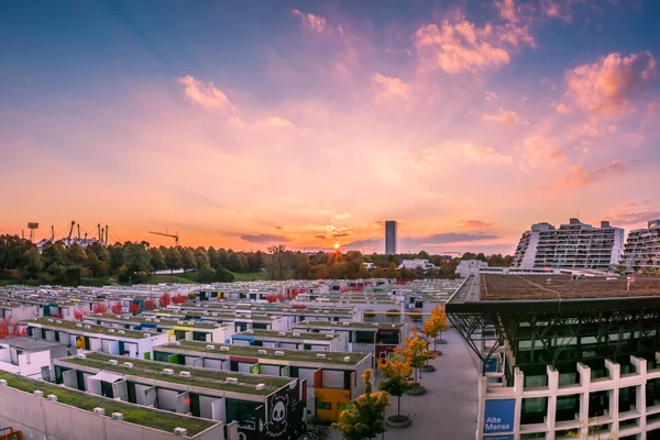 Dramatic Purple Blue Red Sunset Over Student Dorm Rooves Landsca