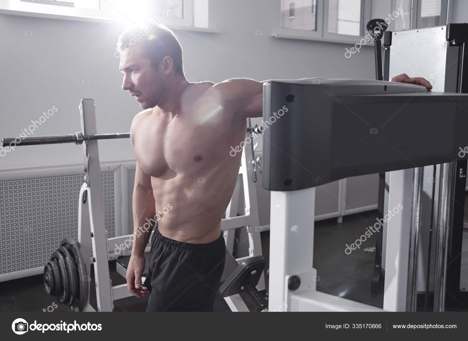 Portrait Muscular Strong Athletic Man Naked Torso Pumping Muscles Gym Stock Photo Amixstudio