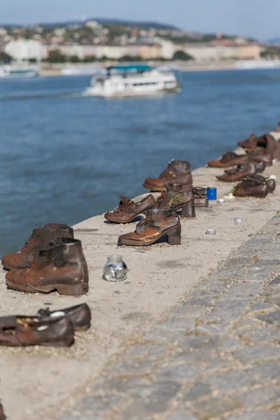 View of the River Danube in Budapest. on the Banks of the Monument Bronze Shoe. Memory of Victims Second World War