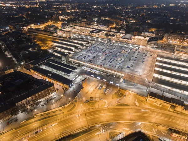 Aerial view in Krakow, Poland. Railway station and autobus station. Big outdoor parking