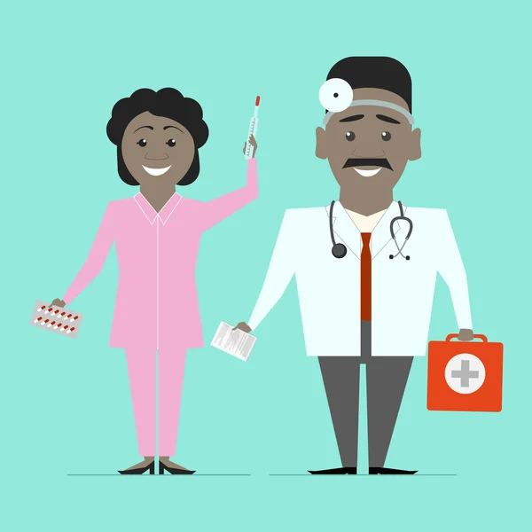Doctor with a nurse on a colored background. African American doctors. Vector flat