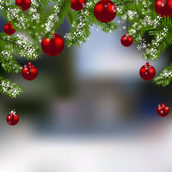 Holiday card. Green branch of fir with red balls in the real background. Christmas decorations. illustration