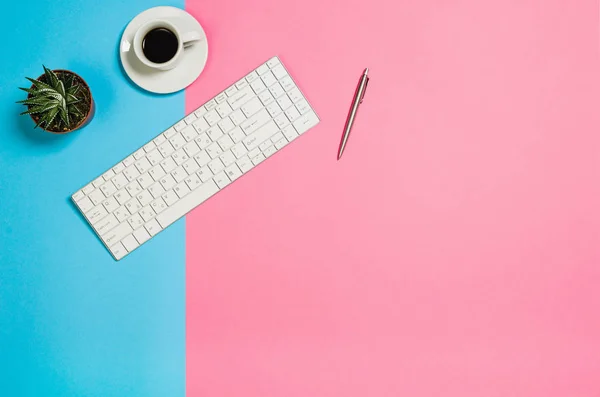 Flat lay photo of a creative freelancer woman workspace desk with copy space background.