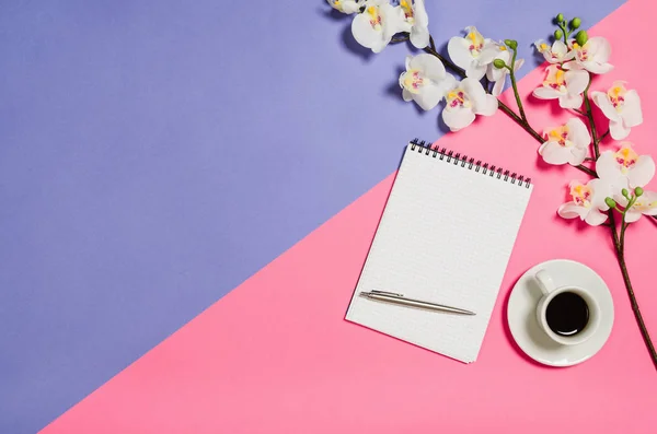 Flat lay photo of a creative freelancer woman workspace desk with copy space background.