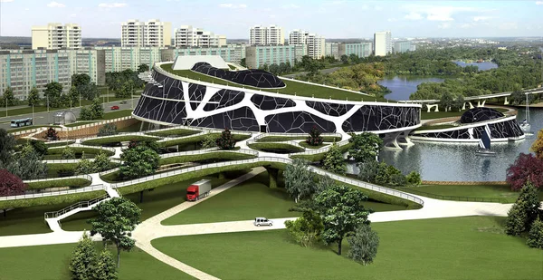 3D visualization of the eco building with bionic form and energy-efficient technologies afloat