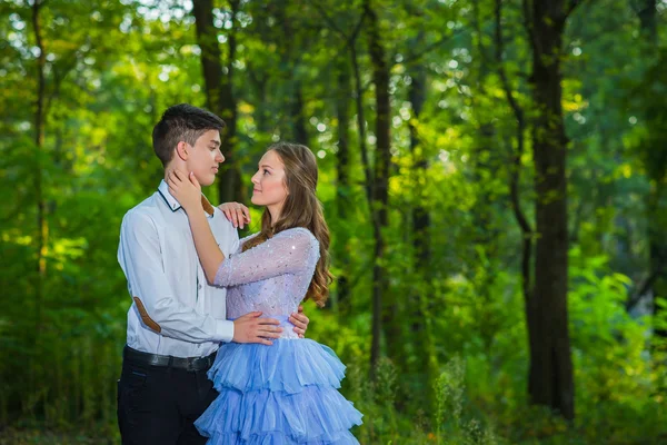A love story couple, in love, together in the forrest park,  girl in a beautiful violet dress, sunny evening, summer, holding each other