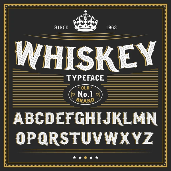 Whiskey label font and sample label design. vintage looking typeface in black-gold colors, editable and layered