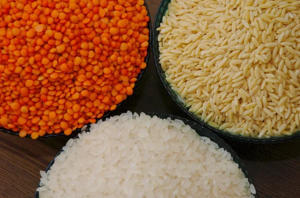 Cereals and pulses. Rice, Lentils, and barley noodles