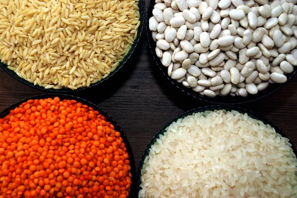 Cereals and pulses. Rice, Lentils, haricot bean and barley noodles
