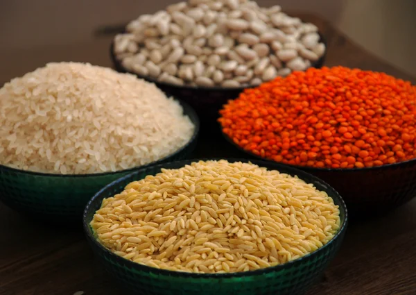Cereals and pulses. Rice, Lentils, haricot bean and barley noodles