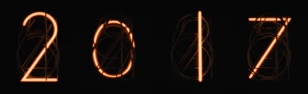 Happy New 2017 Year. Holiday 3D illustration of glowing orange neon on a black background