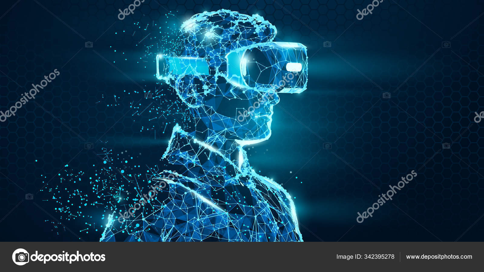 VR Headset Holographic Low Poly Wireframe Vector Banner Polygonal Man