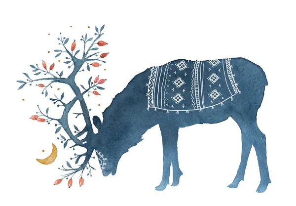 Акварельные Силуэты Оленей Волшебные Рога Север Магия Собака Выросла Ветки Лицензионные Стоковые Фото