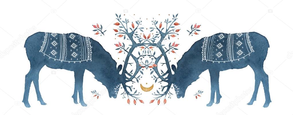 Акварельные силуэты оленей с Волшебные рога, север, магия, собака выросла, ветки, Луна, Полумесяца, СКАНДИНАВИЯ, Северная, красная индейцев, родного американского, Аляска — стоковое изображение Акварельные Силуэты Оленей Волшебные Рога Север Магия Собака Выросла Ветки Стоковое Изображение